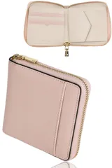 LASIEM(ラシエム) 二つ折り財布 レディース 2つ折り 財布 本革 「スキミング防止」 ミニ財布 コンパクト レザー大容量 box型 ボックス型 ラウンド ファスナー ペールピンク