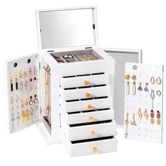 ProCase ジュエリーボックス 7段式 アクセサリー収納 木製 ジュエリーケース 大容量 オーガナイザー ミラー付き 鏡 引き出し 分割と取り外し可能 宝石箱 小物入れ プレゼント?ホワイト