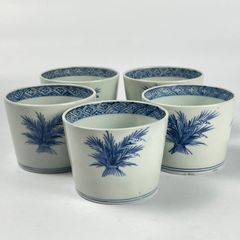 609 染付　稲束　蜻蛉　古伊万里　伊万里焼　骨董　アンティーク　蕎麦猪口　5客セット