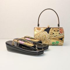 草履バッグセット 振袖用 帯地 黒 金 ゴールド 古典 フリーサイズ w49-3 草履バッグセット 振袖用 帯地 金 ゴールド 古典 フリーサイズ