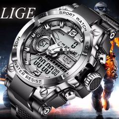 新品 LIGE スポーツデュアルウォッチ 50m防水 メンズ腕時計 シルバー