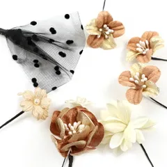 髪飾り 成人式 振袖 袴 花 7点セット 赤茶 ベージュ 白 ゴールド 花 ちりめん レース パールビーズ ドット 水玉 ニュアンスカラ No.12-0376