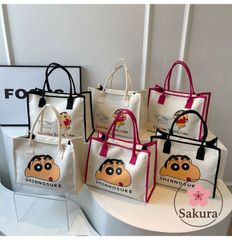 クレヨンしんちゃん風 キャンバストートバッグ 大容量 レディース 大学生 通学 通勤 手提げ 肩掛け かわいい キャラクター 帆布 鞄