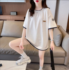 Tシャツ レディース 半袖 ワッフル編み 重ね着風 ゆったり ビッグTシャツ トップス クルーネック カジュアル おしゃれ 涼しい シンプル カジュアル 体型カバー 部屋着 夏物 夏服 薄手