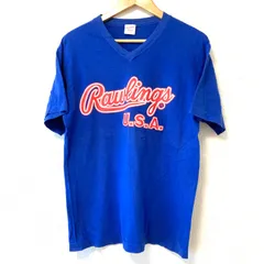 80s！90s！ヴィンテージ！(^w^)b Rawlings ローリングス 日本製 コットン100% Vネック 半袖 Tシャツ ロゴプリント TEE スポーティ ストリート 古着 トップス ネイビー メンズ 男性 サイズ Mのサムネイル