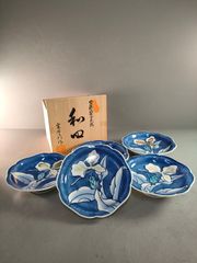 未使用】有田焼 古伊万里 伊万里 色鍋島 寛右衛門 深錦濃柿 柿柄 小皿5