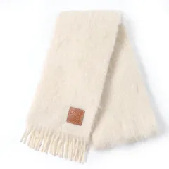 極美品☆LOEWE ロエベ モヘア ウール アナグラムレザーパッチ フリンジ付 マフラー アイボリー スペイン製 正規品 レディース