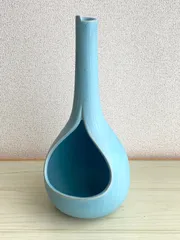 【KB43】陶器　花瓶 花入 花生け 水盤 フラワーベース　ドロップ型　水色　直径約15cm　高さ約32cm　重さ約1.1kg　陶磁器　焼物　花道　華道