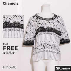 ★美品★ Chamois シャミー トップス　カットソー　七分袖　花柄　異素材　ビーズ　綿100％　日本製 　ホワイト　ブラック　 【H1106-00】 送料無料　古着　レディース