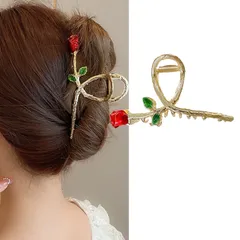 HAPVITAL バンスクリップ ヘアクリップ オフィス シンプル ヘアアクセサリー 髪留め 人気 髪飾り クリップ 大きめ 韓国風 オフィス おしゃれ 贈り物 レディース用 (赤い薔薇のデザイン)