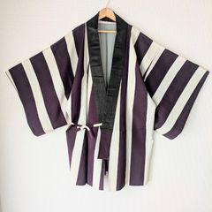 Japanese Vintage Haori Hanten White,Purple Stripe pattern Silk Kimono Jacket Old-ⅽloth 長羽織 羽織 半纏 白 紫 縞 正絹 古布 時代布 一点物 大正浪漫 和洋折衷