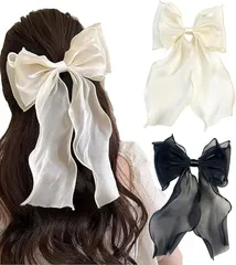 Herbeluemily(ハベルミリィ) バレッタ ヘアクリップ ヘアピン リボン シフォン ヘアアクセサリー 髪飾り 2個セット(ホワイト、ブラック)