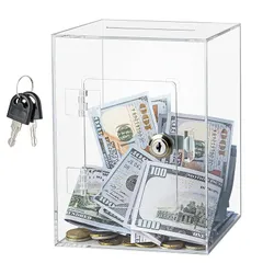 鍵付きアクリル貯金箱 900万円まで収納可能 大人用子供用貯金箱 繰り返し入金可能 透明 19x15x12cm