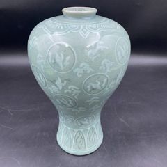 高麗青磁 青山作 透かし彫り 双耳 花瓶 飾り壺 鶴文様 伝統工芸品 古