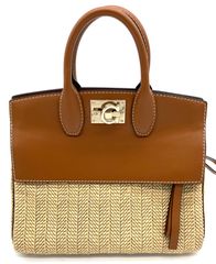 【鑑定済み】正規品 サルバトーレ フェラガモ Salvatore Ferragamo  ガンチーニ スタジオバッグ DH-21 H539 ラフィア レザー ブラウン 2wayハンド かごバッグ
