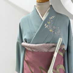 【Sランク未使用品】正絹訪問着 作家物 手描き友禅花模様 広衿 仕付け付き 優雅なブルーグレーのサムネイル