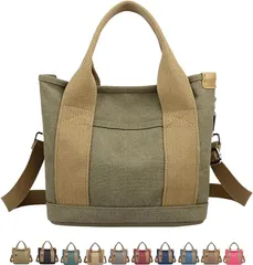 Ｗ＆Ｃ トートバッグ レディース 仕切り ファスナー付き 小さめ 2way ミニキャンバス 肩掛け 手提げ 美収納 軽量 前ポケット( アーミーグリーン,  縦21cmx横23cmxマチ15cm)