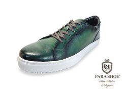 PARASHOE（パラシュー）本革 レースアップ レザースニーカー カジュアルシューズ 手染めアンティーク緑色（パティーヌ グリーン）ワイズ3E（EEE）【オパンケ（サイドマッケイ）製法・メンズ 革靴・紳士靴】