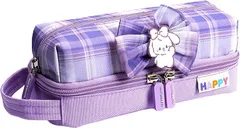 akindou 2層式 ペンケース 筆箱 大容量 JK風 キャンバス生地 かわいい 小学生 女の子 女子(パープル)