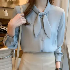 【新品】ボウタイ リボン ブラウス 長袖 上品 OL とろみ くすみブルー 白 オフィスウェア 通勤着
