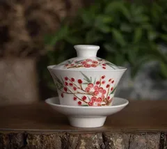 未使用品 レリーフ手描きパステル梅花三才蓋碗 中国茶器  蓋付き茶器 飲茶食器 新品未使用】未使用品 レリーフ手描きパステル梅花三才蓋碗 中国