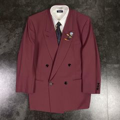 【JAPANESE VINTAGE】4点セット セレモニー ダブルスーツ テーラードジャケット 上 ボルドー 赤系 成人式 卒業式 結婚式（ユーロピンズ＆シャツ＆ネクタイ おまけ）No.69