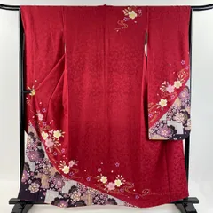 振袖 身丈158cm 裄丈65cm M 袷 桜 流水 金彩 染め分け 赤 正絹 美品 名品 【中古】
