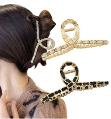 [Herbeluemily] ヘアクリップ ヘアクロー ダッカール バンスクリップ 髪留め ゴールド リボン 2個セット オフホワイト+ブラック [オフホワイト+ブラック]