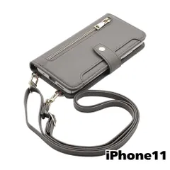 【新品未使用】 iPhone11 アイフォン11 ストラップ付き 手帳型スマホ ケース ショルダー (カバー色グレー) くすみ ニュアンスカラー シンプル おしゃれ ファスナー カード収納 flip52-muji-iphone11-asgy