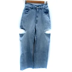 フーズフーチコ who's who Chico デニムパンツ ジーンズ ストレート ロング丈 サイドスリットダメージ M 水色 ライトブルー /SM9