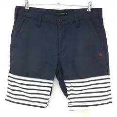 【美品】ラフアンドスウェル ハーフパンツ ダークネイビー×白 裾ボーダー 裏地メッシュ ナイロン混 メンズ M ゴルフウェア rough＆swell