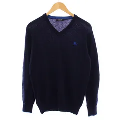 バーバリーブラックレーベル BURBERRY BLACK LABEL ニット セーター 長袖 Vネック ロゴ刺繍 ウール カシミヤ 2 紺 /BM