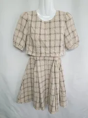 ◇ ⊂ TITTY&CO. ティティーアンドコー チェック柄 半袖 ひざ丈 ワンピース サイズS ベージュ ブラック レディース E  【1409100058338】