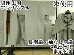 平和屋本店■極上　男性　お召　アンサンブル　長羽織・袖なし羽織　3点セット　素鼠色地　逸品　未使用　DZAA4527kh5