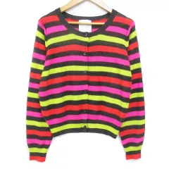 レイビームス Ray Beams ニットカーディガン 薄手 ミドル丈 マルチボーダー柄 ウール混 F 黒 黄色 ブラック  イエロー /FF49