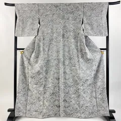 小紋 身丈165cm 裄丈66cm M 袷 草花 鳥 紋意匠 灰色 正絹 名品 【中古】