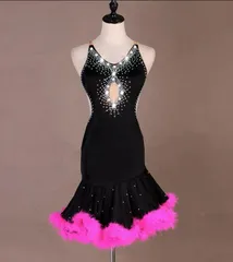 社交ダンス衣装　ラテンワンピースドレス　豪華 キラキラ 羽毛 オーダーメイド