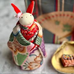 うさぎの人形 ちりめん細工 古布 縮緬 ミニチュアの重箱 几帳も