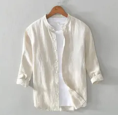 超美品 リネンシャツ メンズ 麻100% 無地 立ち襟 七分袖シャツ 半袖シャツ ワイシャツ サマーシャツ カジュアル 清涼感 夏服 ベージュ L~3XL