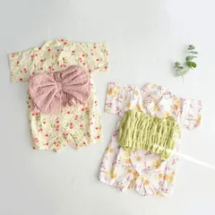 ベビー甚平 子供用 帯つき 甚平ロンパース 小花柄 ベビー 浴衣 夏祭り 女の子 イエロー ピンク ホワイト 80cm 90cm りぼん