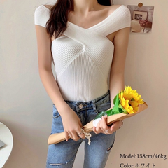 オフショルダーサマーニット 春夏ニットトップス レディース クロスデザイン セクシーリブニット Vネック 無地 肩だしニット フィット感 ニットインナー着やせ リブニット オフショルニット 鎖骨見せ トップス