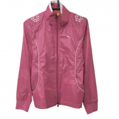 【美品】プーマ ジャケットブルゾン ピンク×白 胸元ロゴ 裏地メッシュ 裾ドローコード レディース L ゴルフウェア PUMA