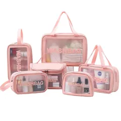 【特価商品】サウナバッグ 温泉バッグ - ポーチ セット コスメポーチ PVC クリア 収納袋 化粧ポーチ パウチ 防水 大容量 メイクアップバッグ 多様なサイズ 厚い 旅行用 Lynlyulinger 泳ぎ 礼物 (Pink-6点セット)