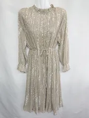 ◇ ◎ Boujeloud 花柄 プリーツ加工 長袖 ロング丈 ワンピース サイズ38 ベージュ ホワイト レディース E  【1407020041539】