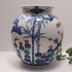 鍋島焼 岳山窯 柴田岳山作 染錦 花瓶 高級美術磁器 陶磁器 未使用品