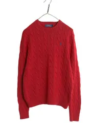 【お得なクーポン配布中!】 ポロ ラルフローレン コットン ケーブル ニット セーター メンズ М 古着 長袖ニット ワンポイント クルーネック きれいめ シンプル レッド