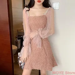 パーティードレス ワンピース  長袖 シースルー袖 きれいめ ミニ丈 フレア ビジュー パール きらきら  無地 お呼ばれ 二次会 結婚式 0686