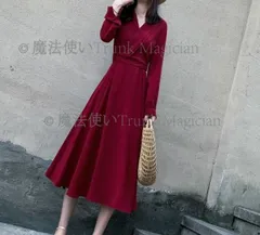 ワンピース 黒 赤 長袖 レトロ Aライン Vネック ドレス 秋冬 CCVZ1026P342