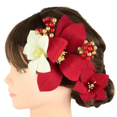 髪飾り 成人式 振袖 前撮り 袴 3点セット 花 ちりめん 赤 白 クリーム色 生成 ゴールド ビーズ 南天 京あそび 京都 西陣 和小 No.12-0706