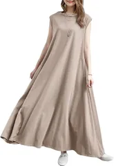 NEKORA ワンピース ロングワンピース マキシ丈 スカート 無地 レディース 薄手 大きいサイズ(グレージュ/ノースリーブ,  L)